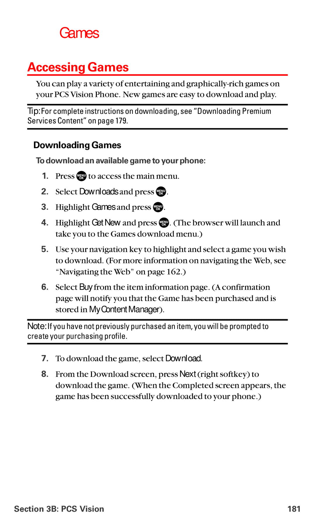 Sanyo RL7300 manual Accessing Games, Downloading Games, To download an available game to your phone, PCS Vision 181 