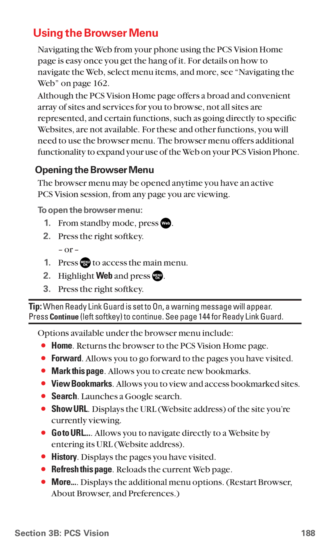 Sanyo RL7300 manual Using the Browser Menu, Opening the Browser Menu, To open the browser menu, PCS Vision 188 