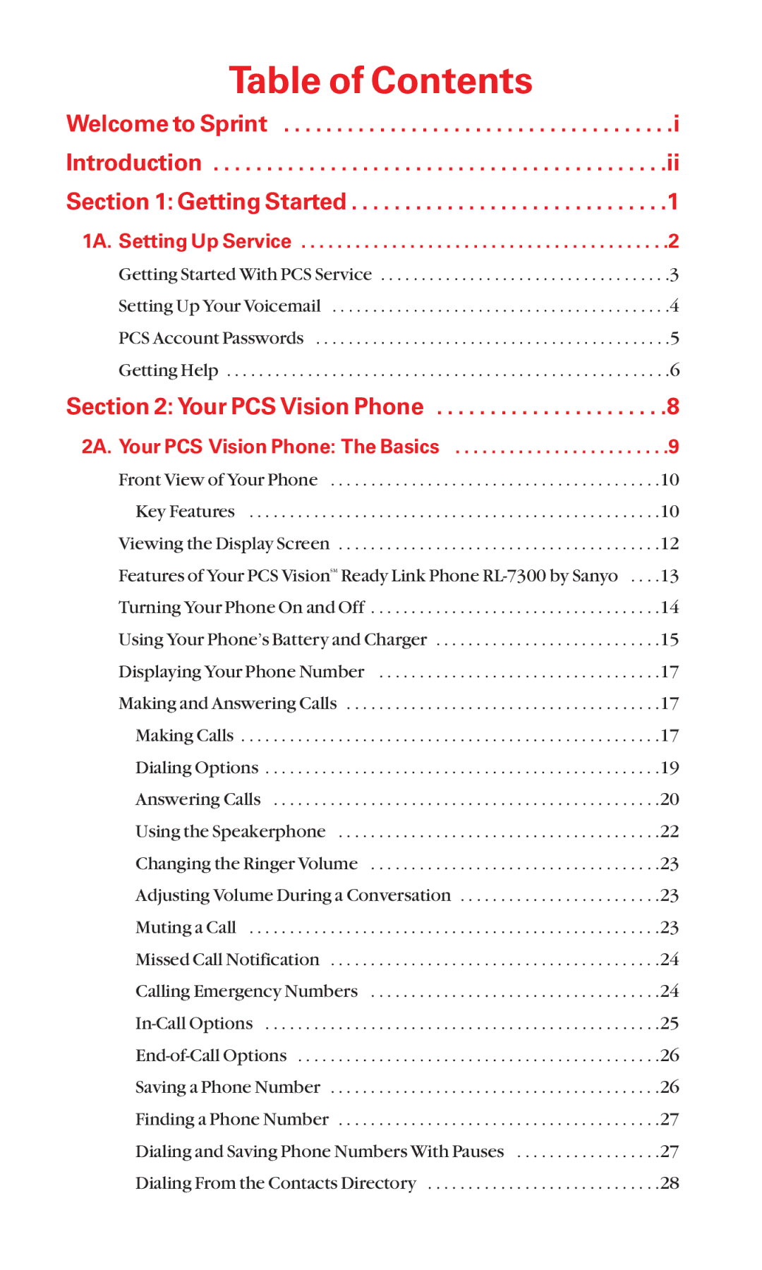 Sanyo RL7300 manual Table of Contents 