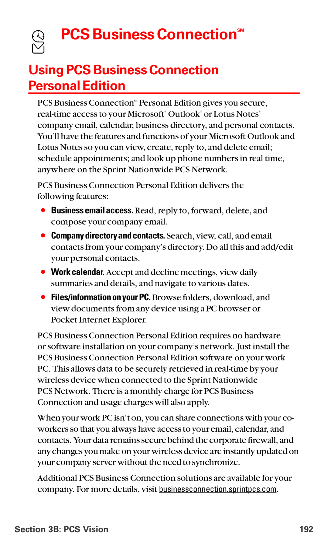 Sanyo RL7300 manual PCS Business ConnectionSM, Using PCS Business Connection Personal Edition, PCS Vision 192 