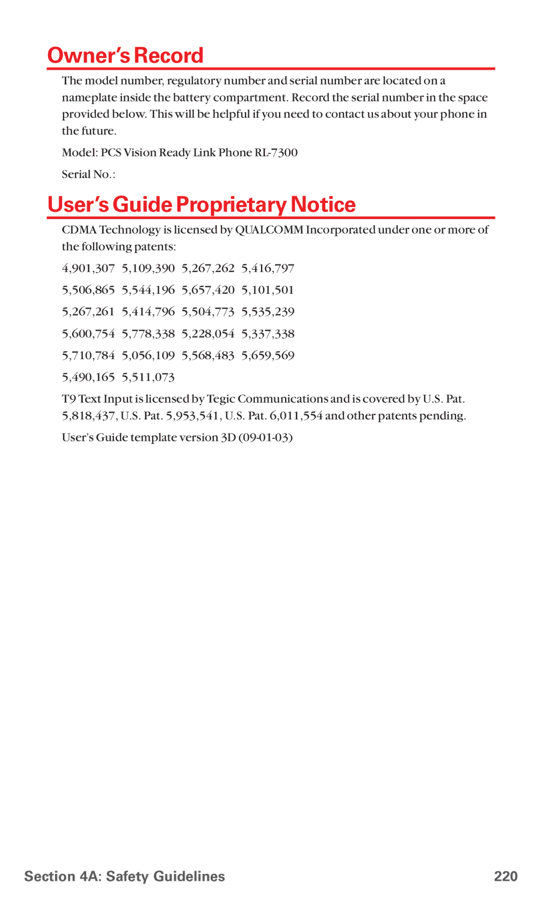 Sanyo RL7300 manual Owner’s Record, User’s Guide Proprietary Notice, Safety Guidelines 220 