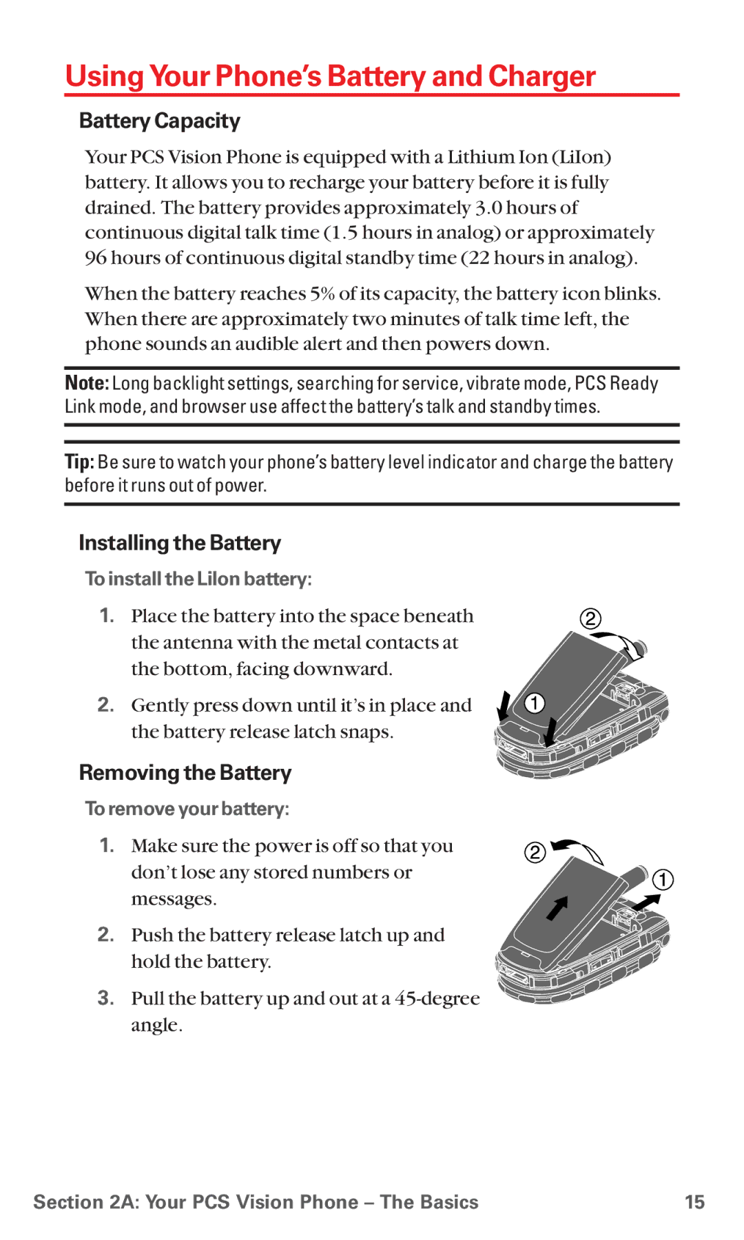 Sanyo RL7300 manual Using Your Phone’s Battery and Charger, Battery Capacity, Installing the Battery, Removing the Battery 