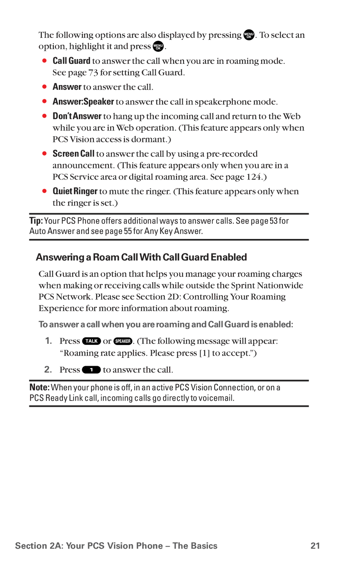 Sanyo RL7300 manual Answering a Roam Call With Call Guard Enabled 