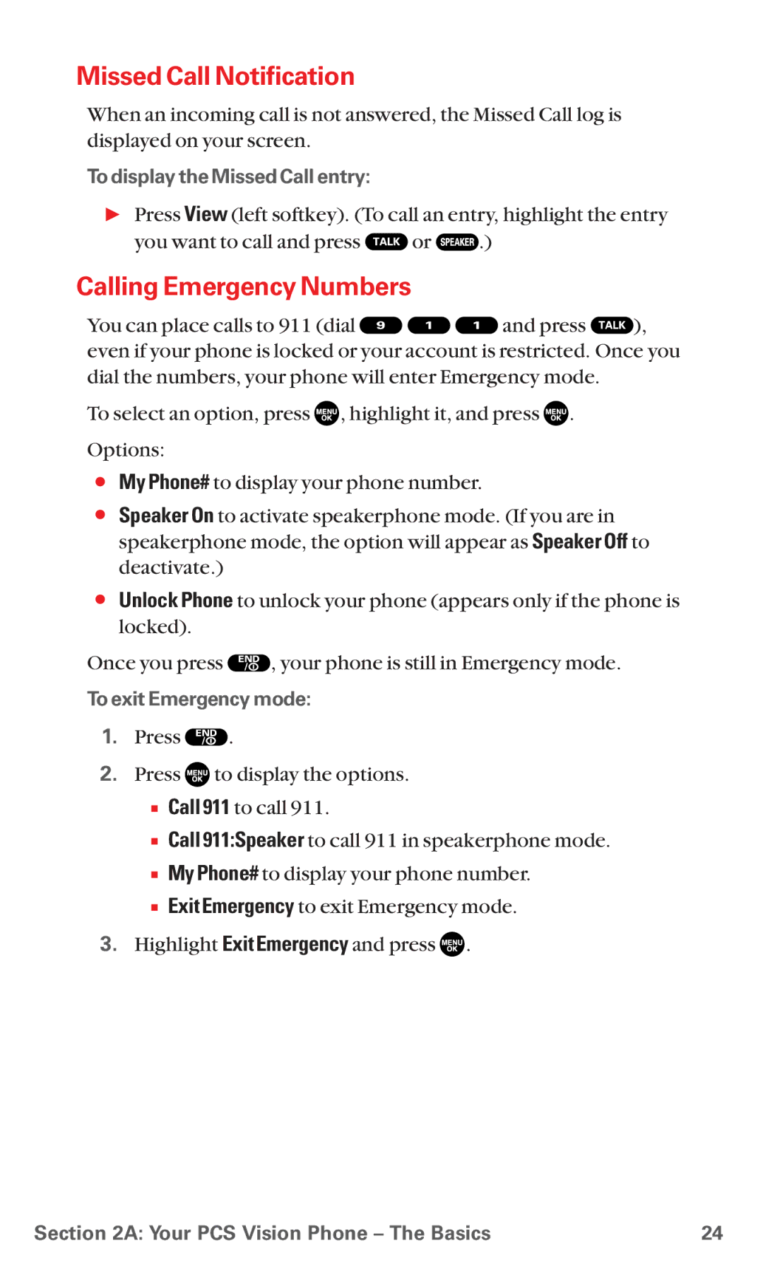 Sanyo RL7300 Missed Call Notification, Calling Emergency Numbers, To display the Missed Call entry, To exit Emergency mode 