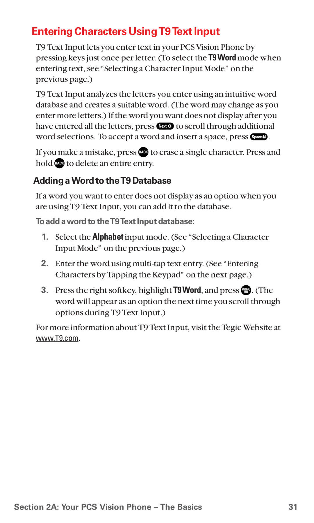 Sanyo RL7300 manual Entering Characters Using T9 Text Input, Adding a Word to theT9 Database 