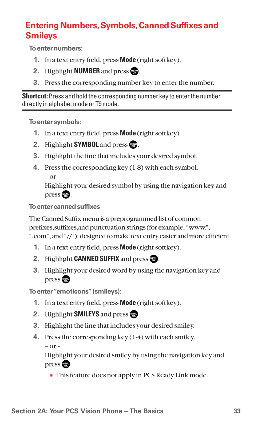 Sanyo RL7300 manual Entering Numbers,Symbols,Canned Suffixes and Smileys, To enter numbers, To enter symbols 