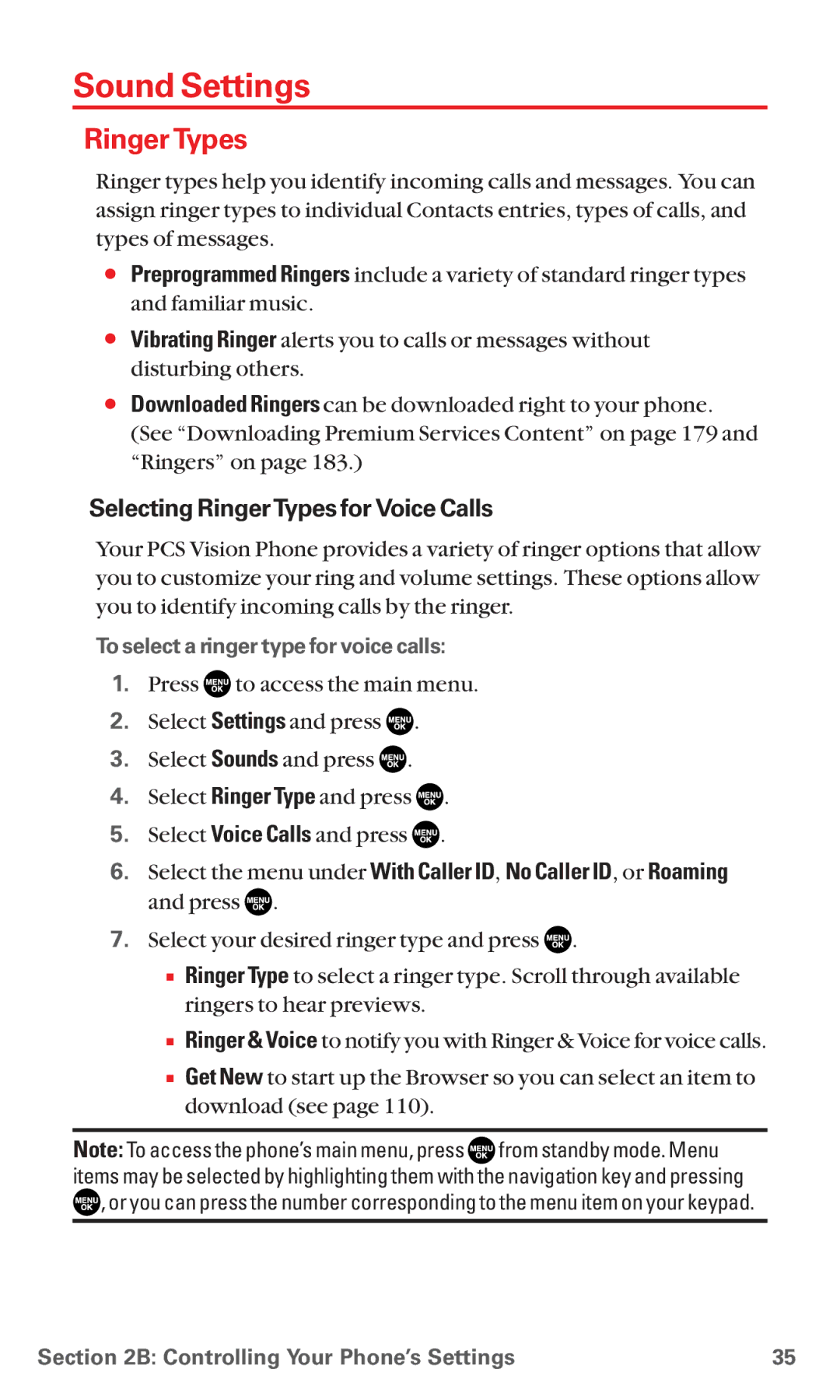 Sanyo RL7300 Sound Settings, Ringer Types, Selecting RingerTypes for Voice Calls, To select a ringer type for voice calls 