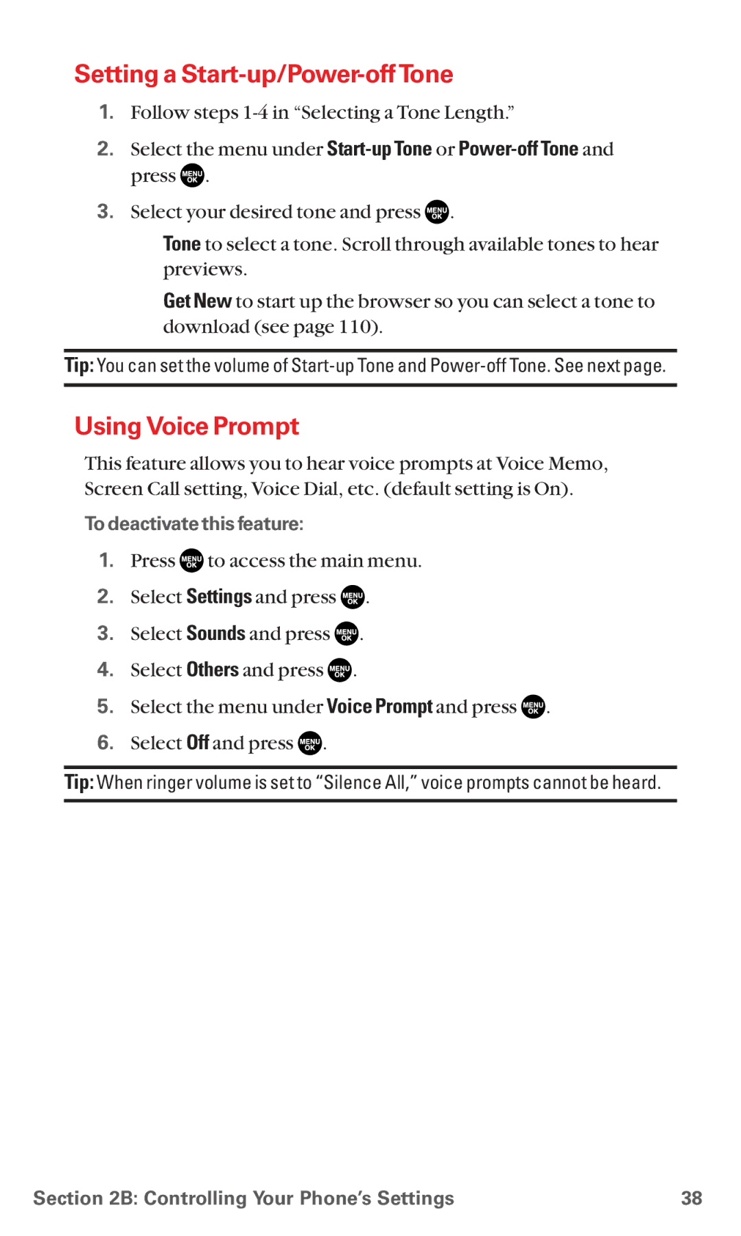 Sanyo RL7300 manual Setting a Start-up/Power-off Tone, Using Voice Prompt, To deactivate this feature 