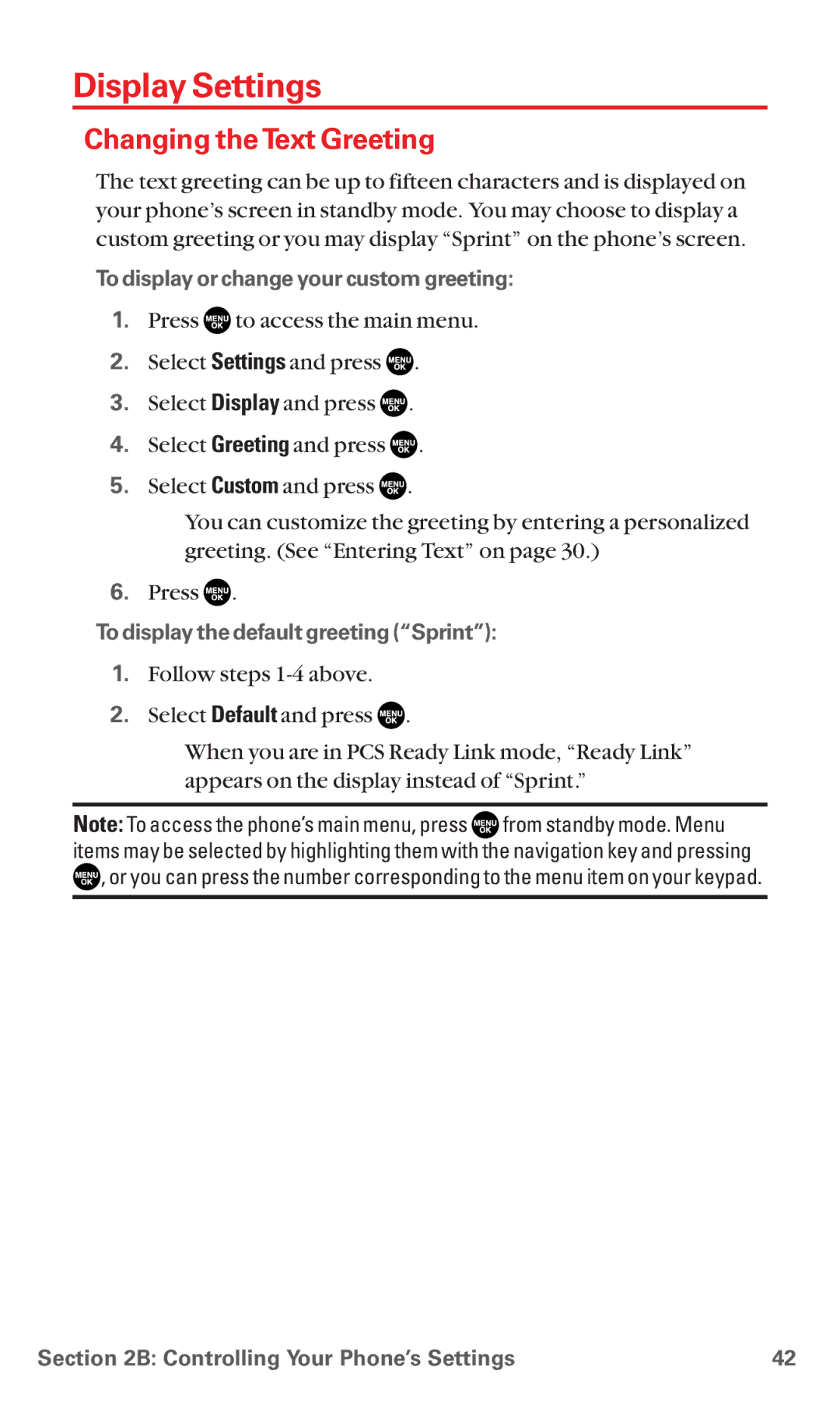 Sanyo RL7300 manual Display Settings, Changing the Text Greeting, To display or change your custom greeting 