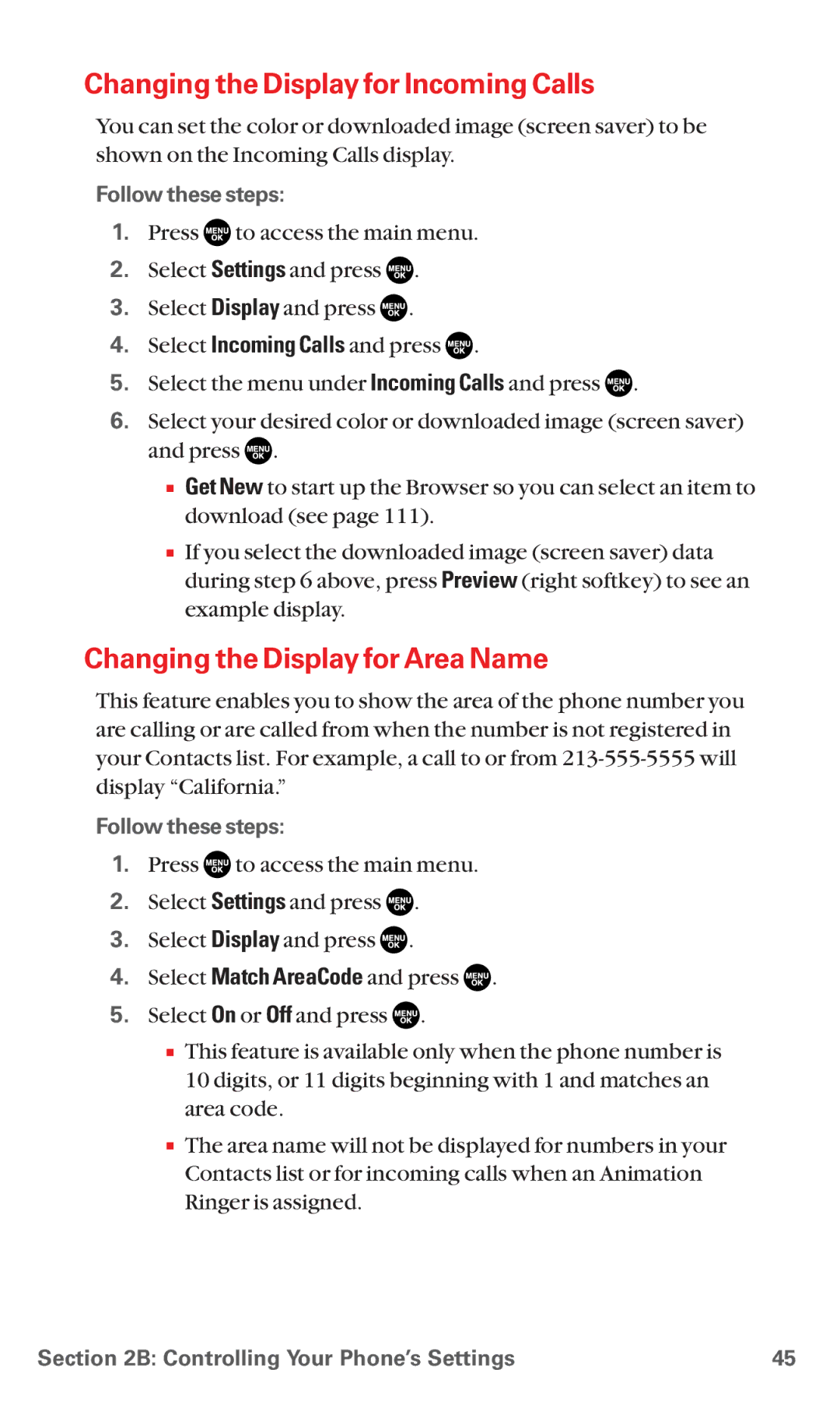 Sanyo RL7300 manual Changing the Display for Incoming Calls, Changing the Display for Area Name, Follow these steps 