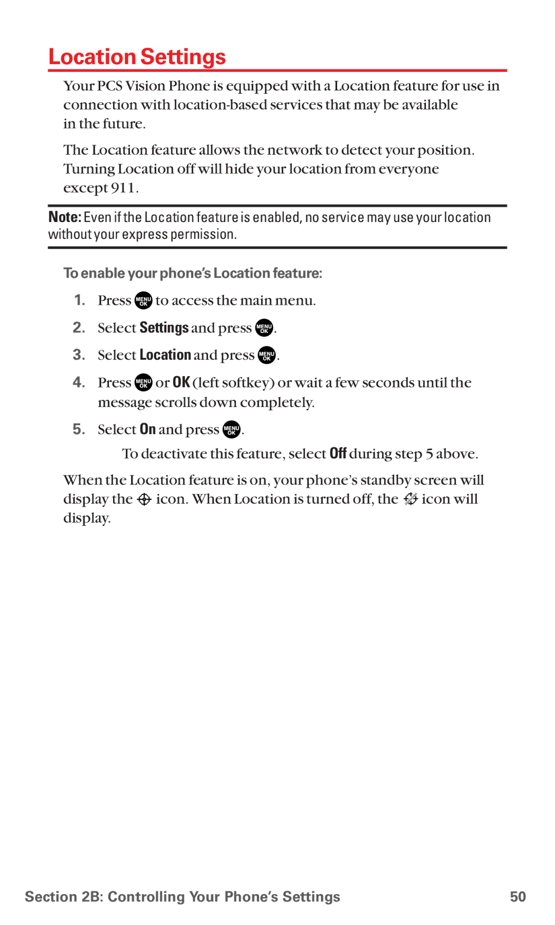 Sanyo RL7300 manual Location Settings, To enable your phone’s Location feature 