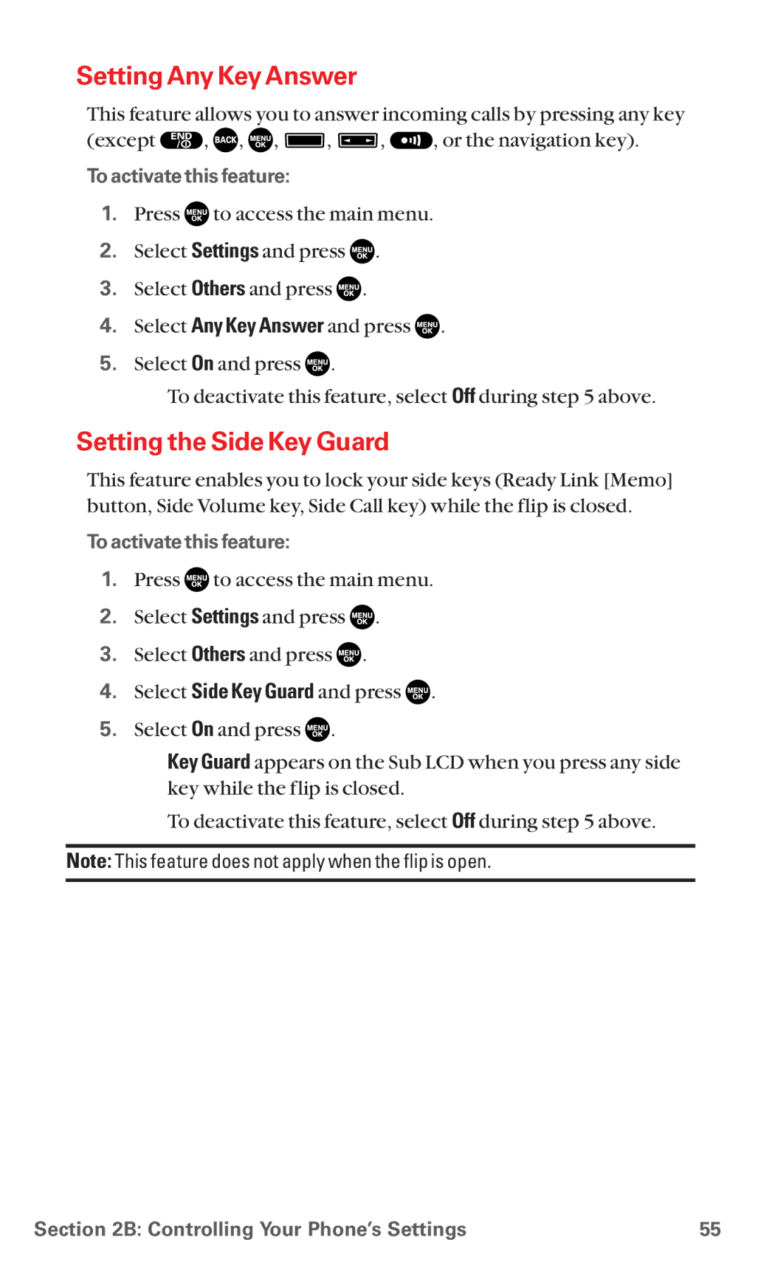 Sanyo RL7300 manual Setting Any Key Answer, Setting the Side Key Guard, To activate this feature 