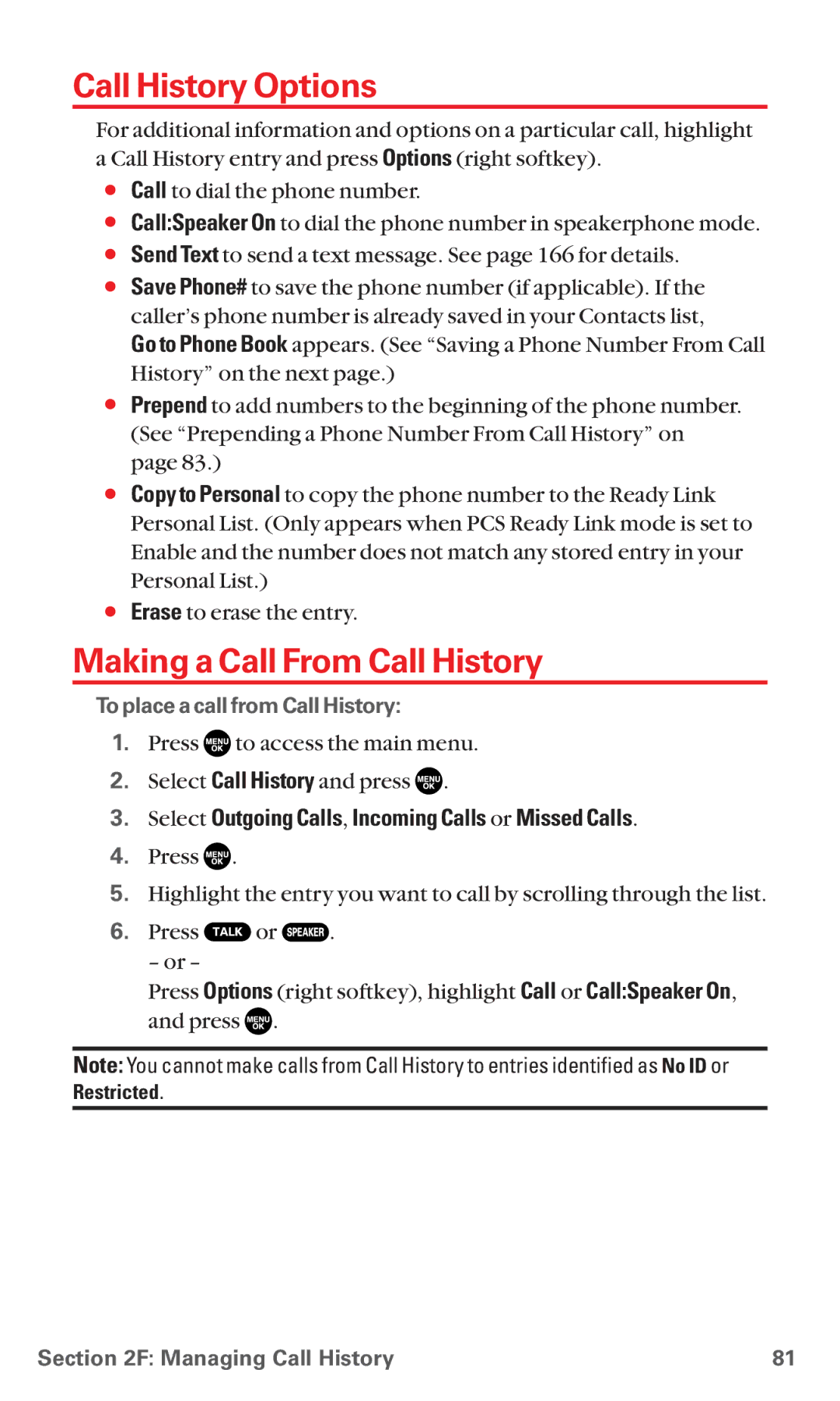 Sanyo RL7300 Call History Options, Making a Call From Call History, Select Outgoing Calls, Incoming Calls or Missed Calls 