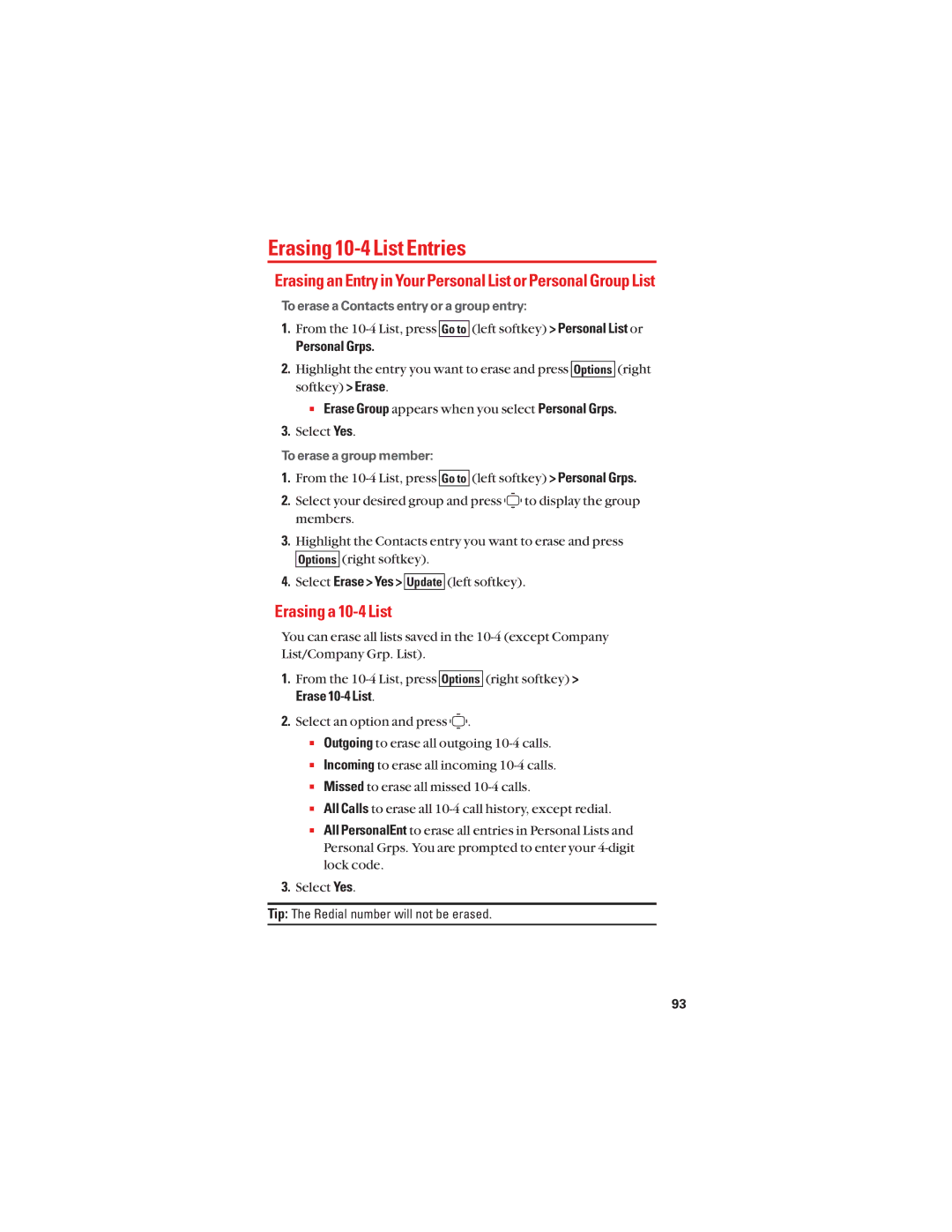 Sanyo S1 manual Erasing 10-4 List Entries, Erasing a 10-4 List, Erase Group appears when you select Personal Grps 