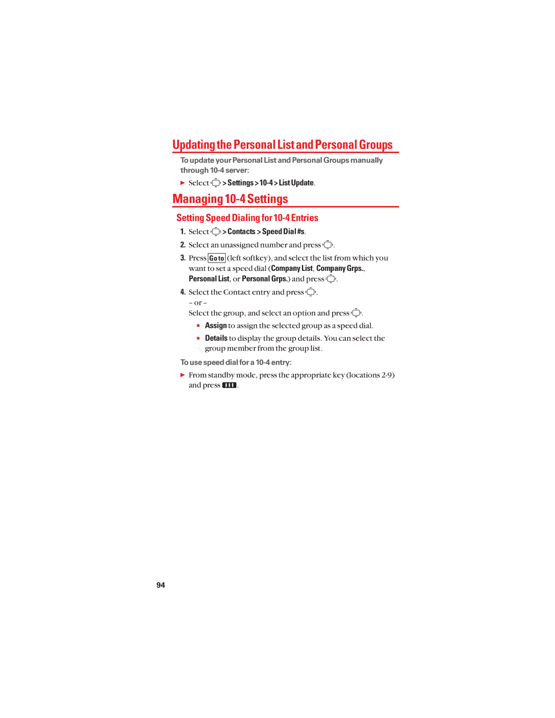 Sanyo S1 Updating the Personal List and Personal Groups, Managing 10-4 Settings, Setting Speed Dialing for 10-4 Entries 