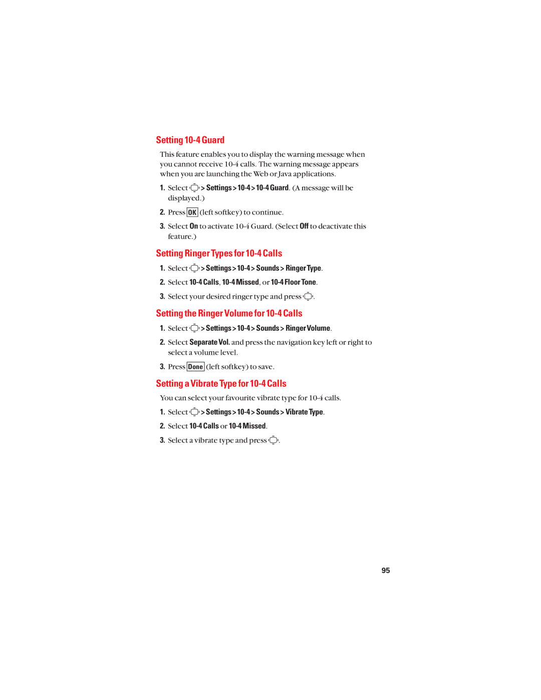 Sanyo S1 manual Setting 10-4 Guard, Setting Ringer Types for 10-4 Calls, Setting the Ringer Volume for 10-4 Calls 