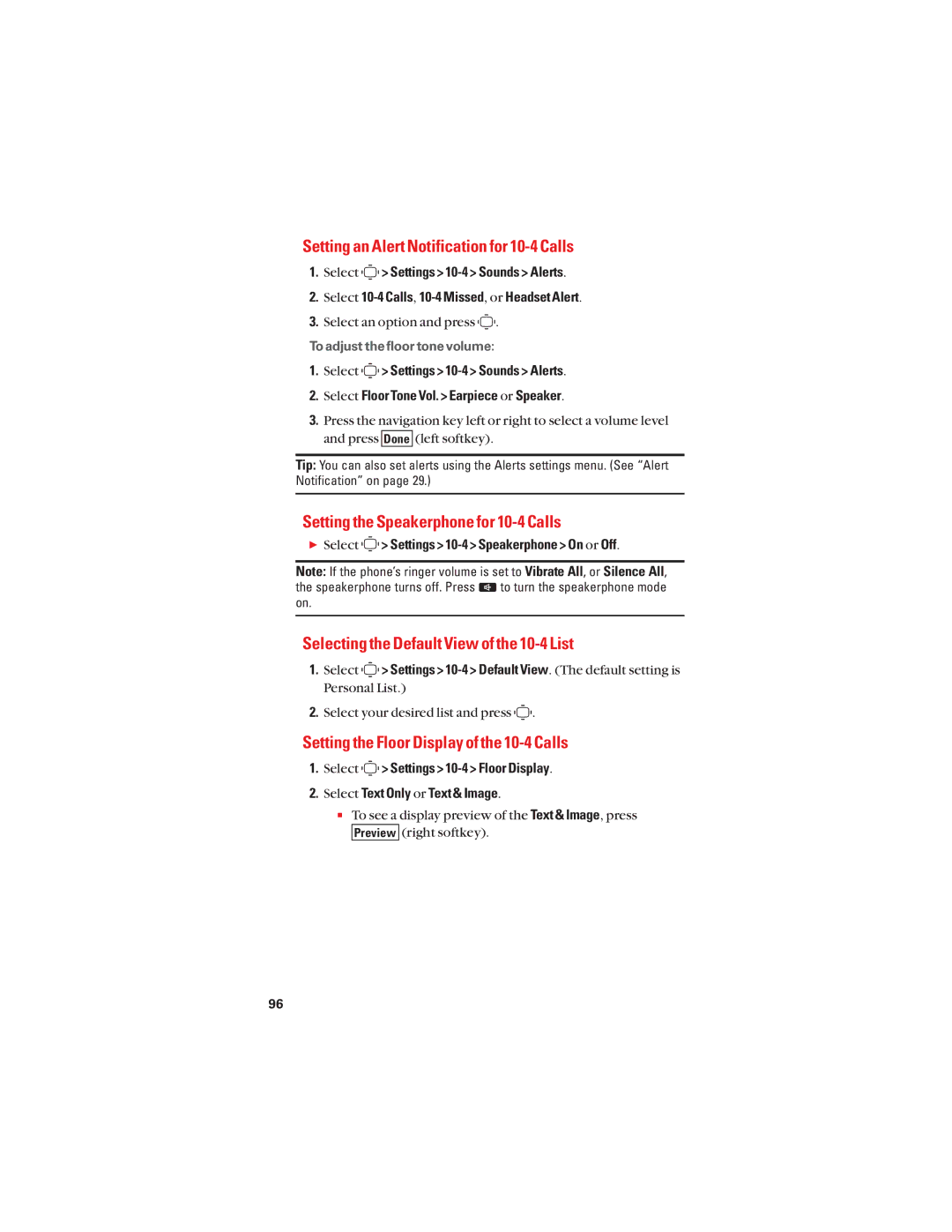 Sanyo S1 manual Setting an Alert Notification for 10-4 Calls, Setting the Speakerphone for 10-4 Calls 