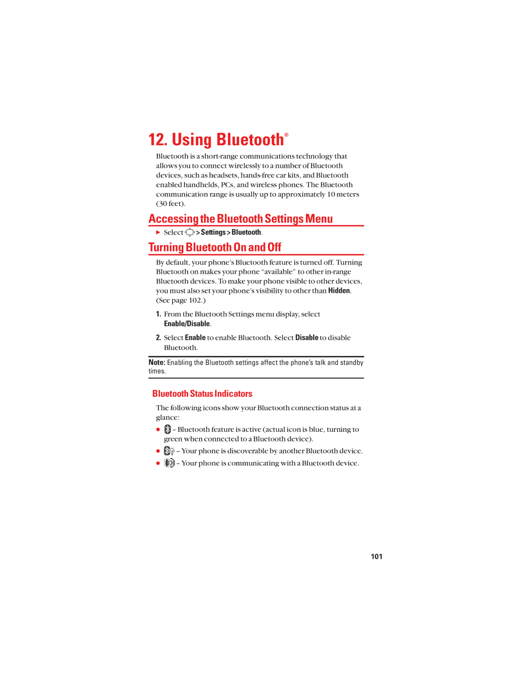 Sanyo S1 Using Bluetooth, Accessing the Bluetooth Settings Menu, Turning Bluetooth On and Off, Bluetooth Status Indicators 