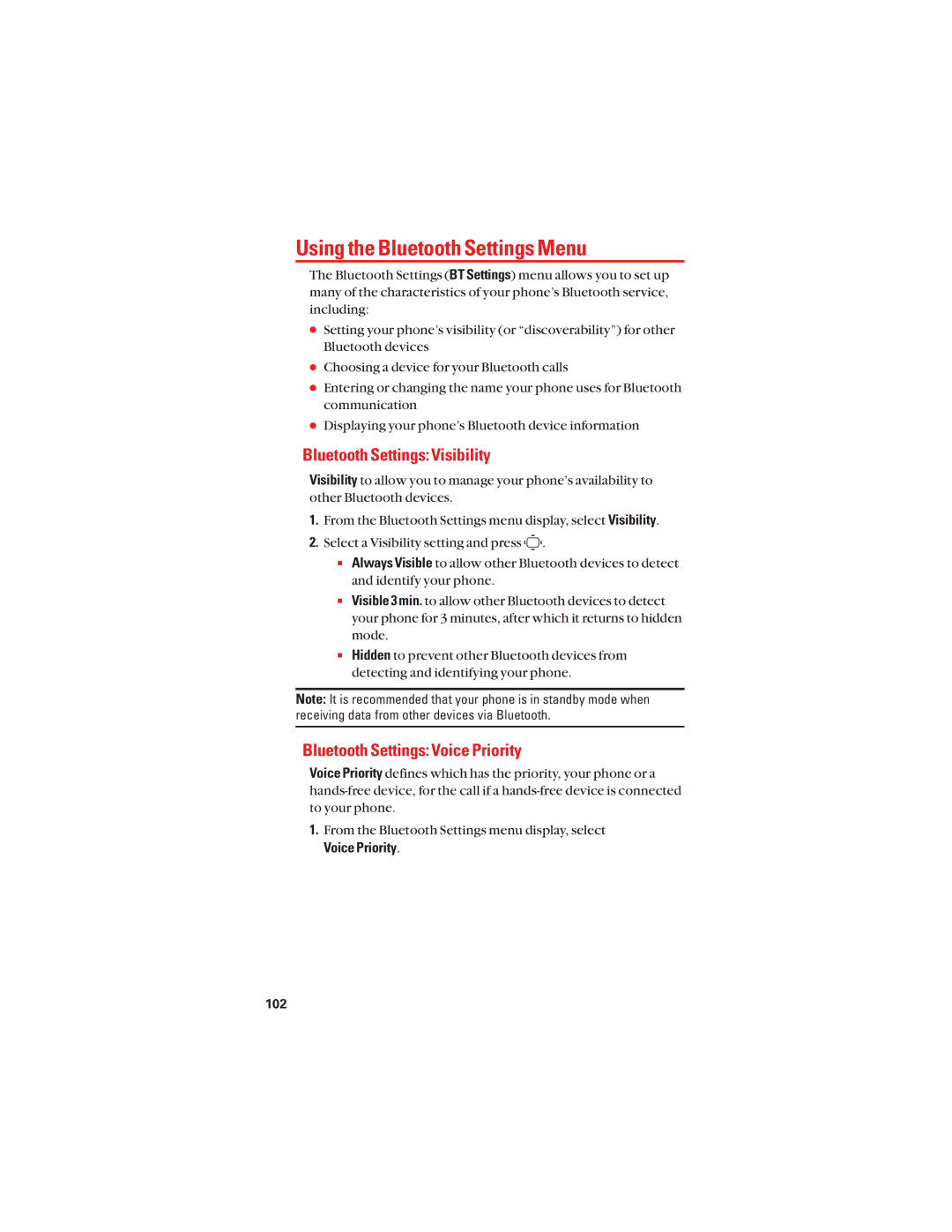 Sanyo S1 manual Using the Bluetooth Settings Menu, Bluetooth Settings Visibility, Bluetooth Settings Voice Priority 