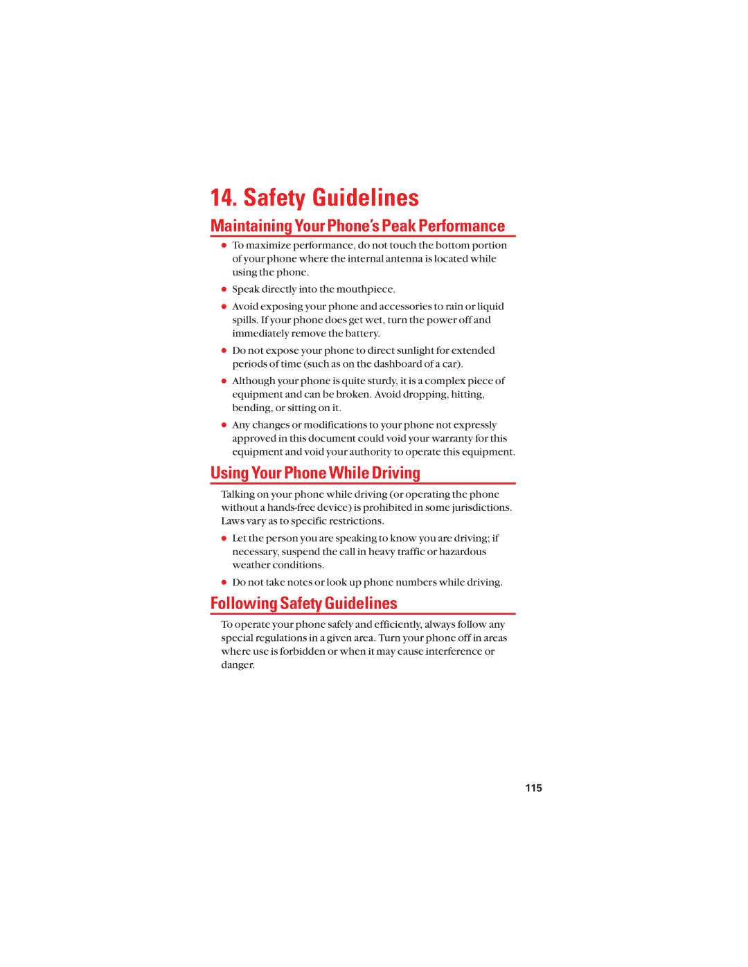 Sanyo S1 manual Safety Guidelines, Maintaining Your Phone’s Peak Performance, Using Your Phone While Driving 