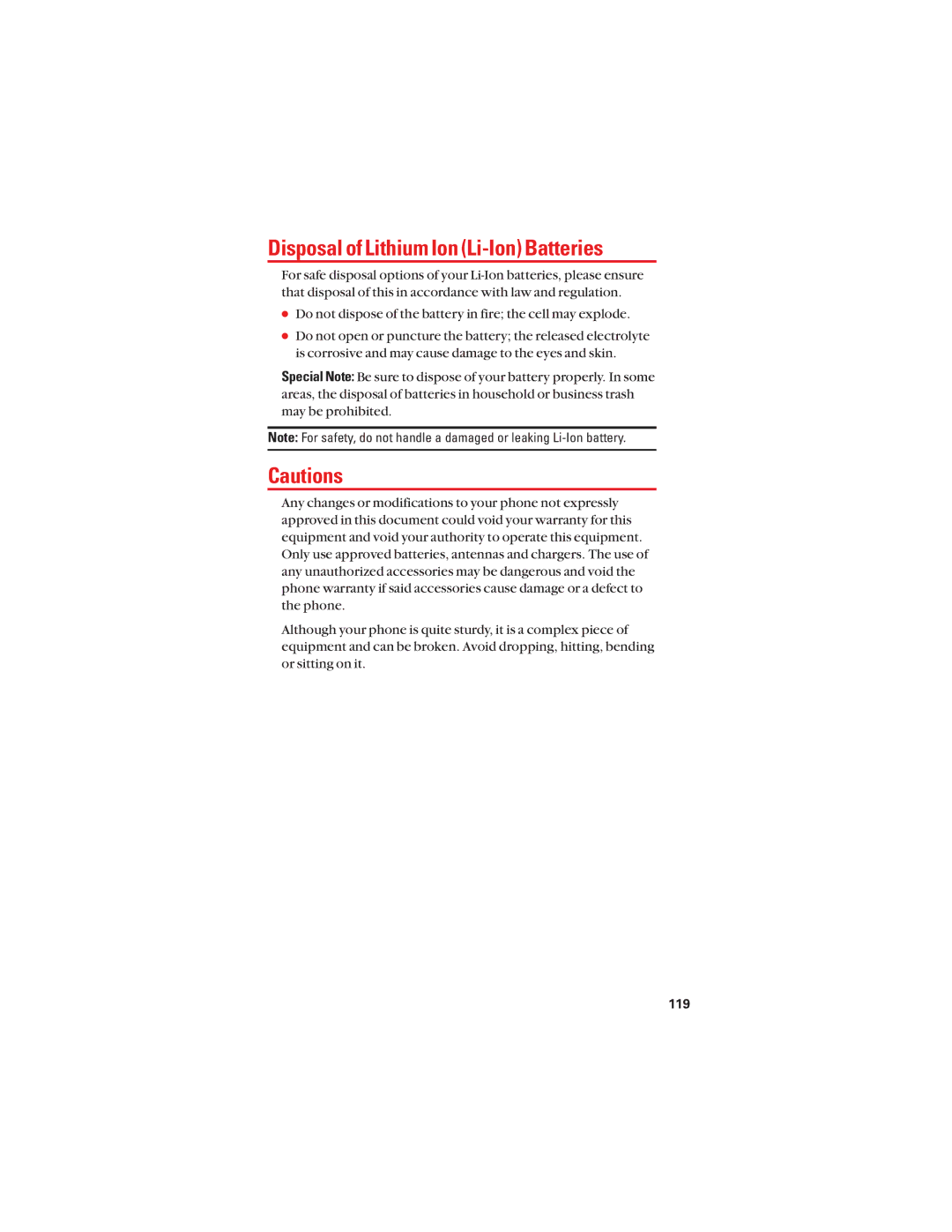 Sanyo S1 manual Disposal of Lithium Ion Li-Ion Batteries, 119 