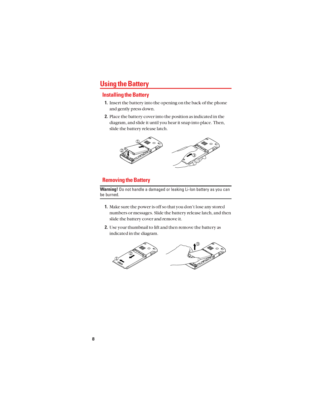 Sanyo S1 manual Using the Battery, Installing the Battery, Removing the Battery 