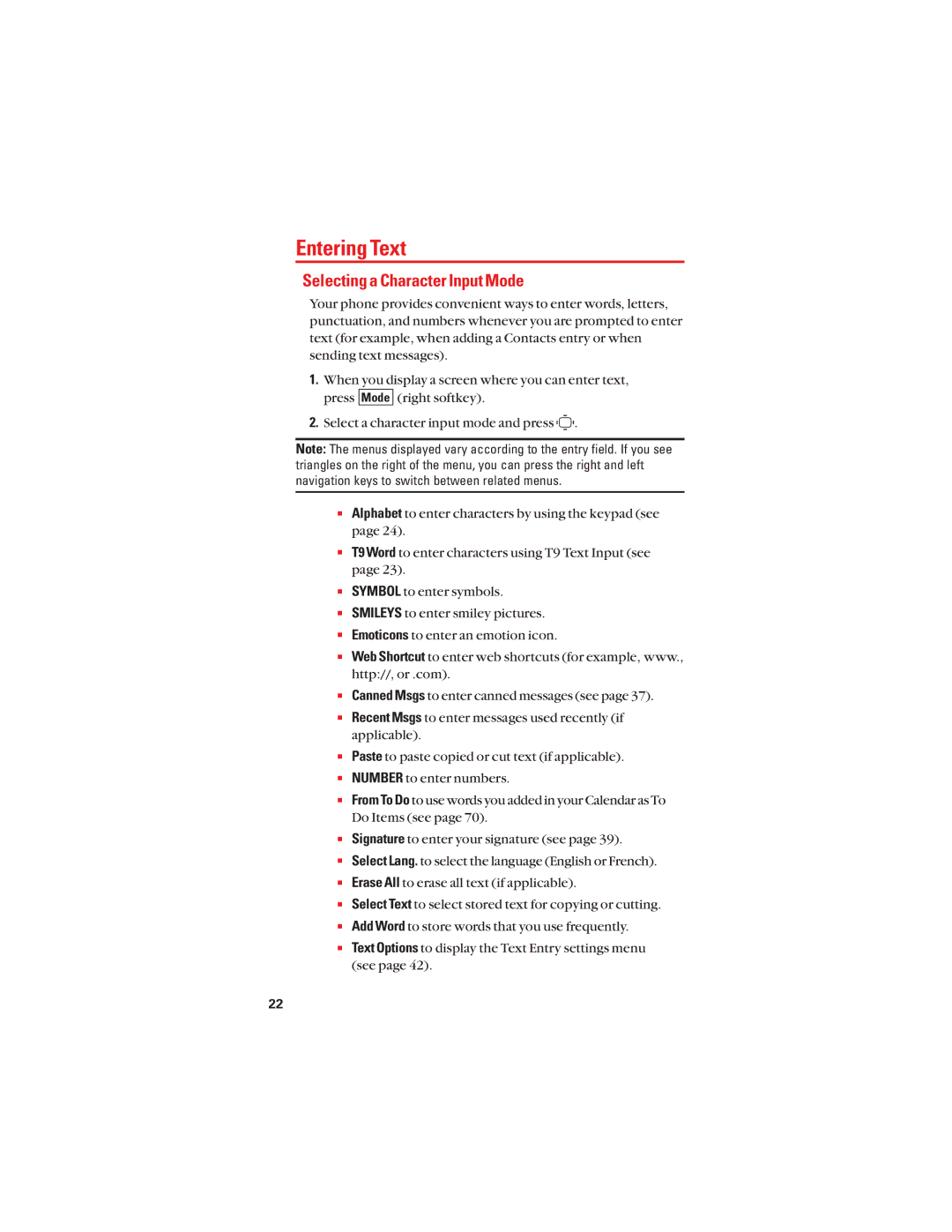 Sanyo S1 manual Entering Text, Selecting a Character Input Mode 