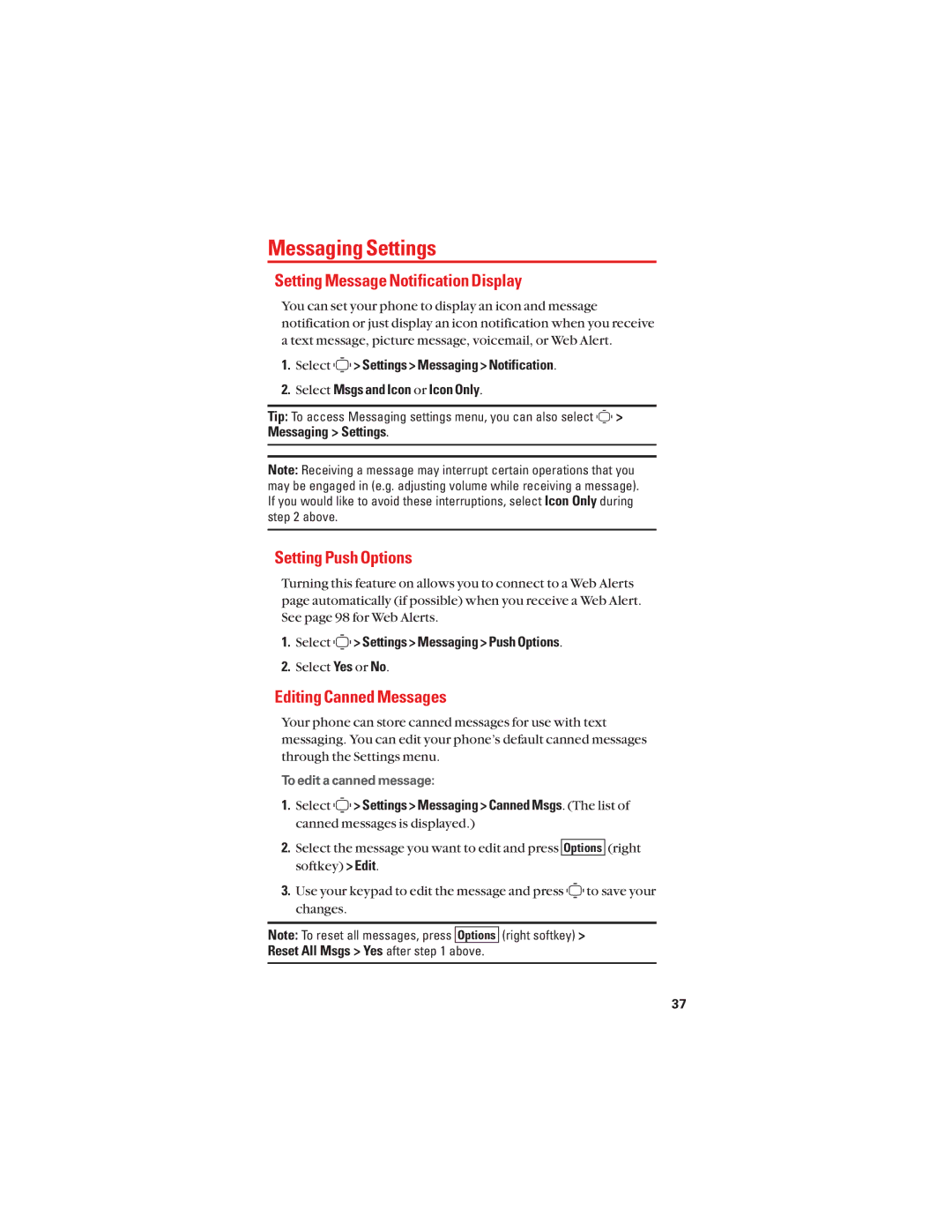 Sanyo S1 manual Messaging Settings, Setting Message Notification Display, Setting Push Options, Editing Canned Messages 