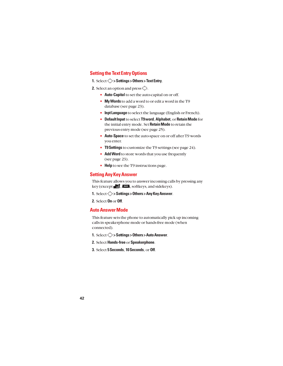 Sanyo S1 manual Setting the Text Entry Options, Setting Any Key Answer, Auto Answer Mode, Select Settings Others Text Entry 