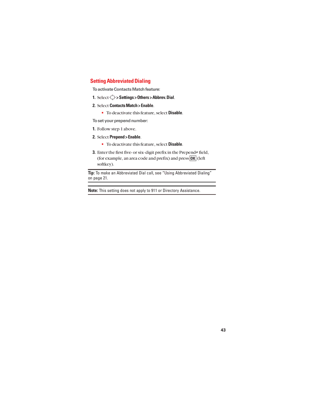 Sanyo S1 Setting Abbreviated Dialing, To deactivate this feature, select Disable, Follow above, Select Prepend Enable 