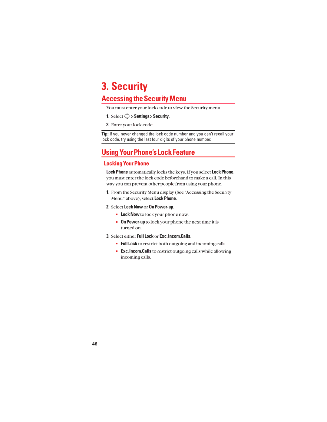 Sanyo S1 manual Accessing the Security Menu, Using Your Phone’s Lock Feature, Locking Your Phone 