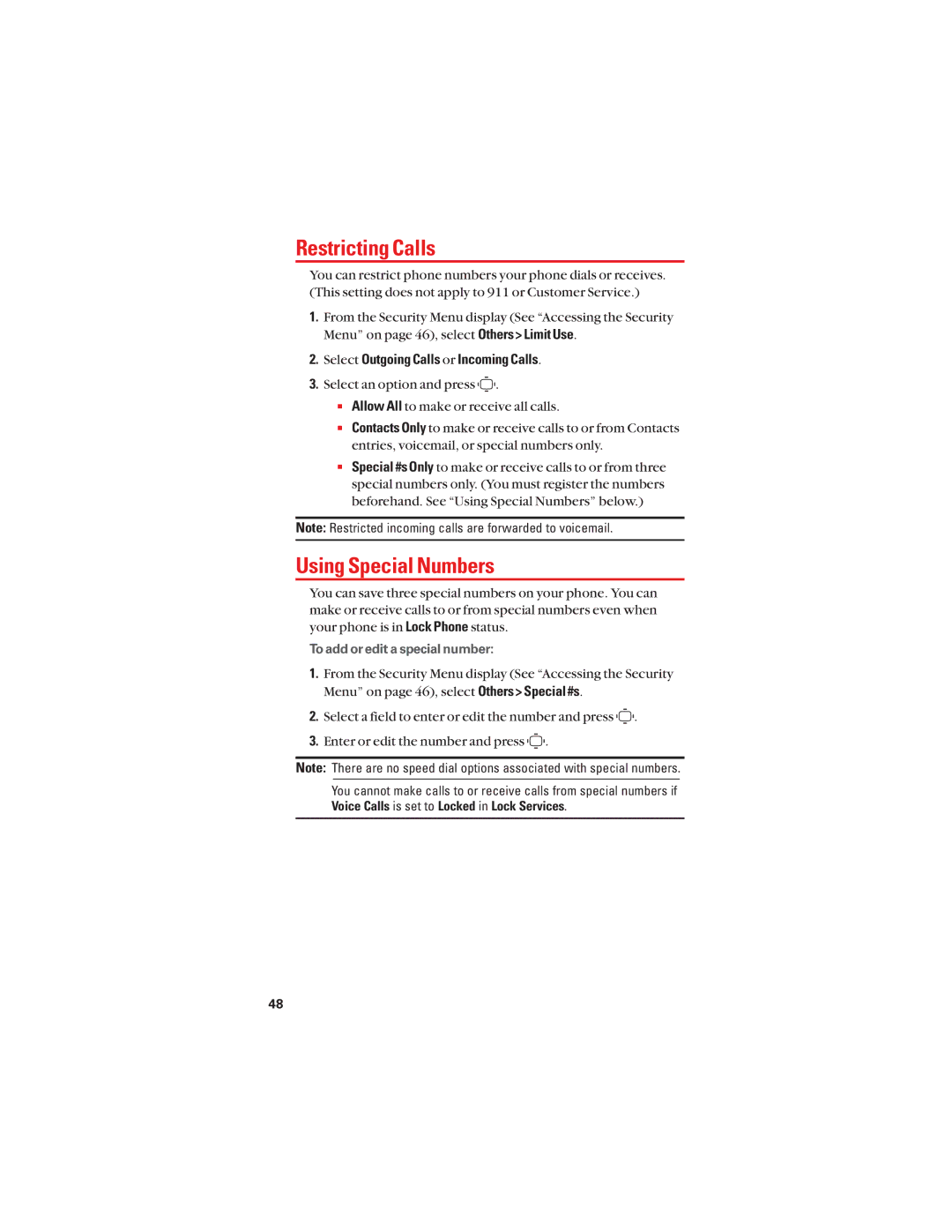 Sanyo S1 manual Restricting Calls, Using Special Numbers, Select Outgoing Calls or Incoming Calls 