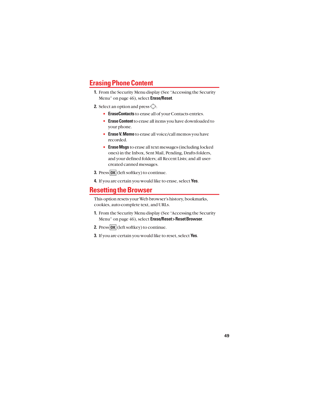 Sanyo S1 manual Erasing Phone Content, Resetting the Browser 