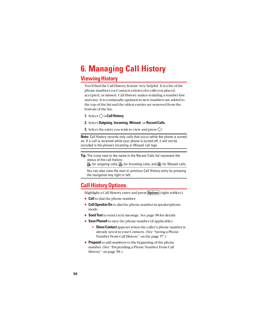 Sanyo S1 manual Managing Call History, Viewing History, Call History Options 