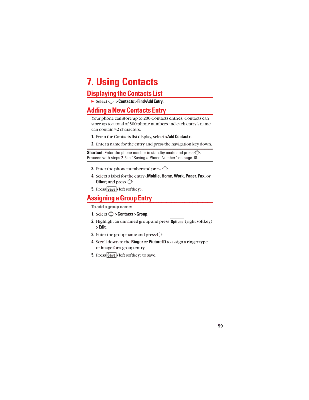 Sanyo S1 manual Using Contacts, Displaying the Contacts List, Adding a New Contacts Entry, Assigning a Group Entry 