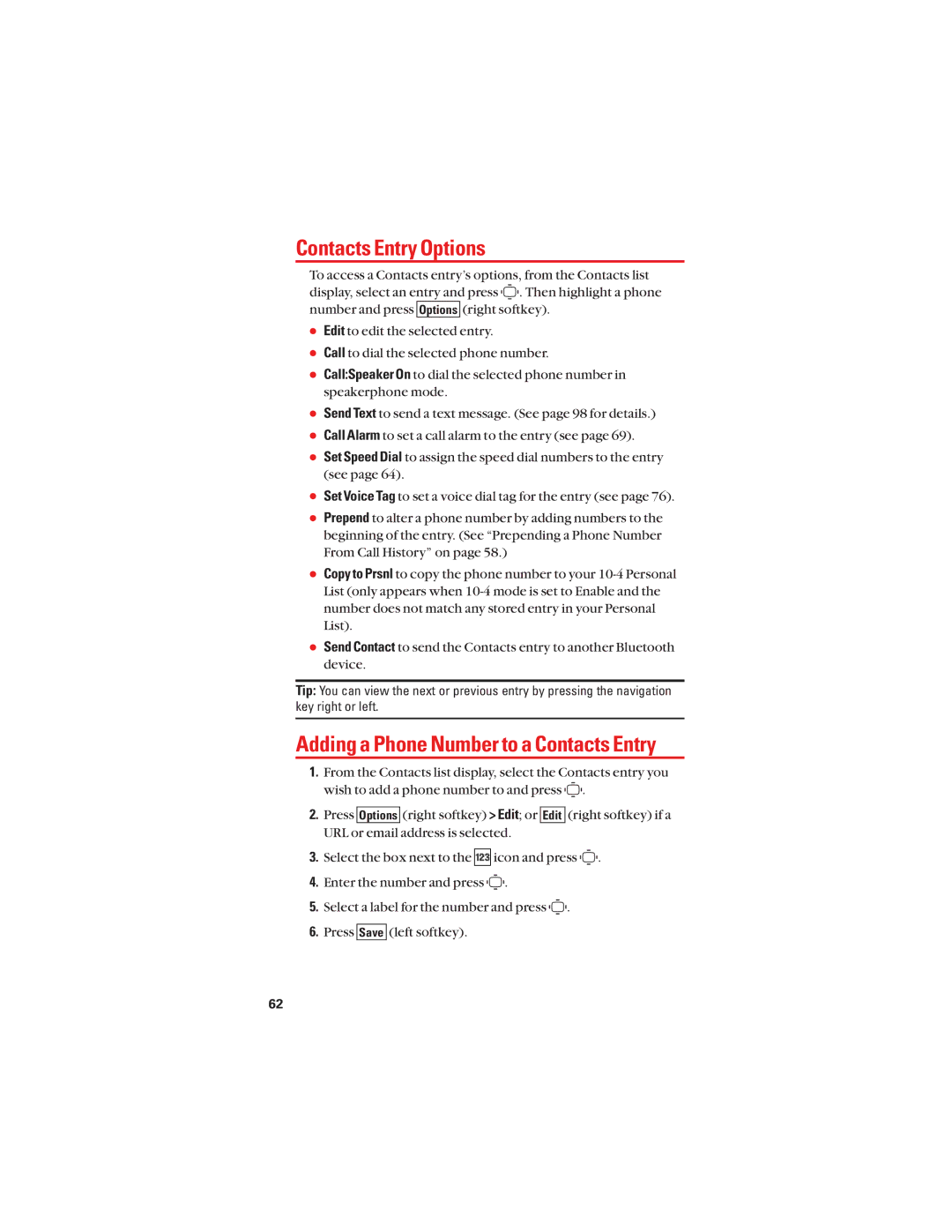 Sanyo S1 manual Contacts Entry Options, Adding a Phone Number to a Contacts Entry 