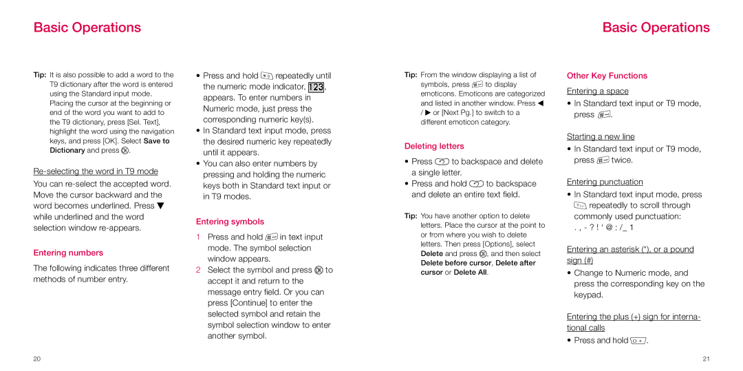 Sanyo S750i manual Entering numbers, Entering symbols, Deleting letters, Other Key Functions 