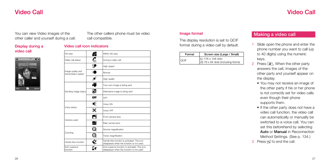 Sanyo S750i manual Video Call, Making a video call, Image format, Display during a video call, Video call icon indicators 