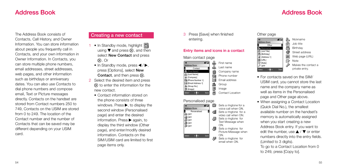 Sanyo S750i manual Address Book, Creating a new contact, Entry items and icons in a contact 