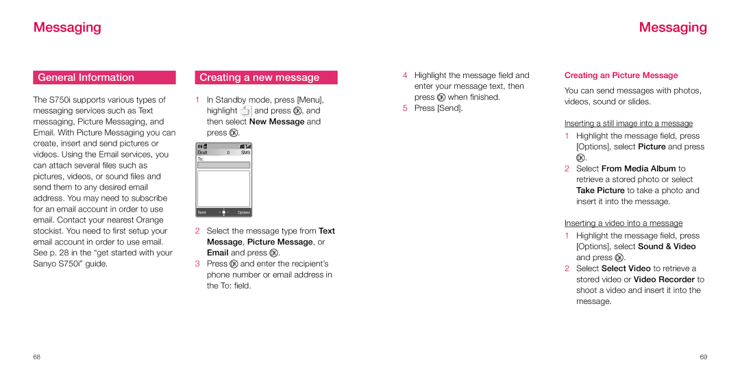 Sanyo S750i manual Messaging, General Information, Creating a new message, Creating an Picture Message 