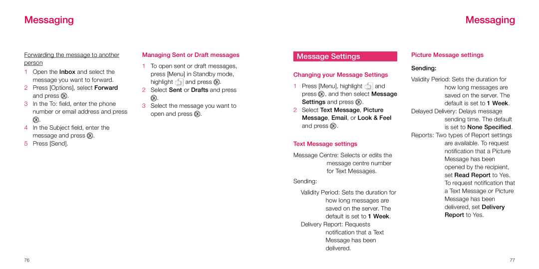 Sanyo S750i manual Managing Sent or Draft messages, Changing your Message Settings, Text Message settings 