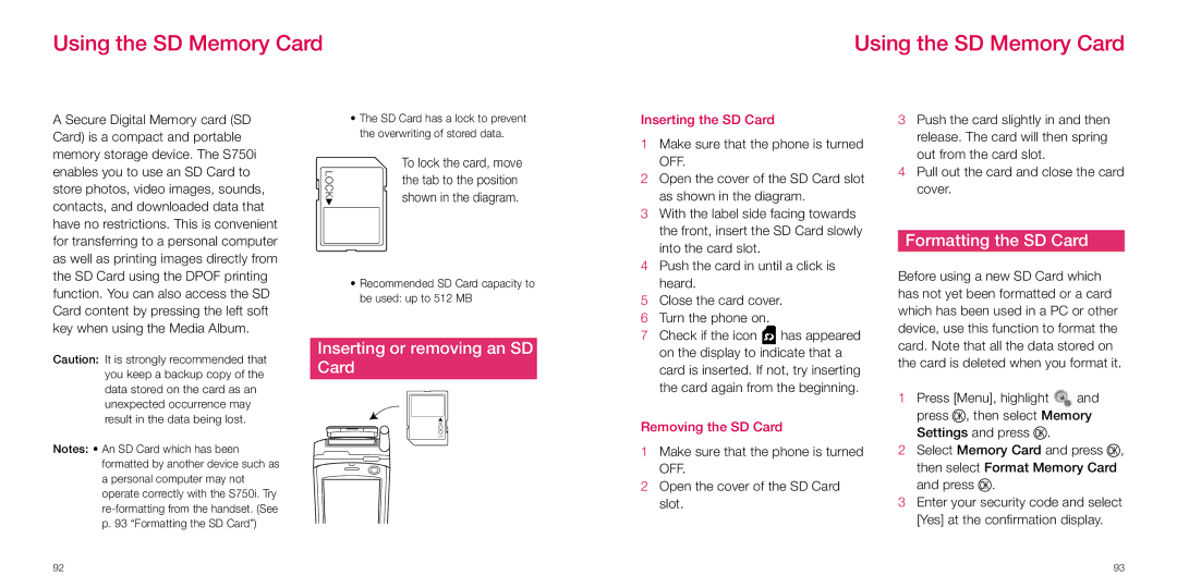 Sanyo S750i Using the SD Memory Card, Formatting the SD Card, Inserting or removing an SD Card, Inserting the SD Card 