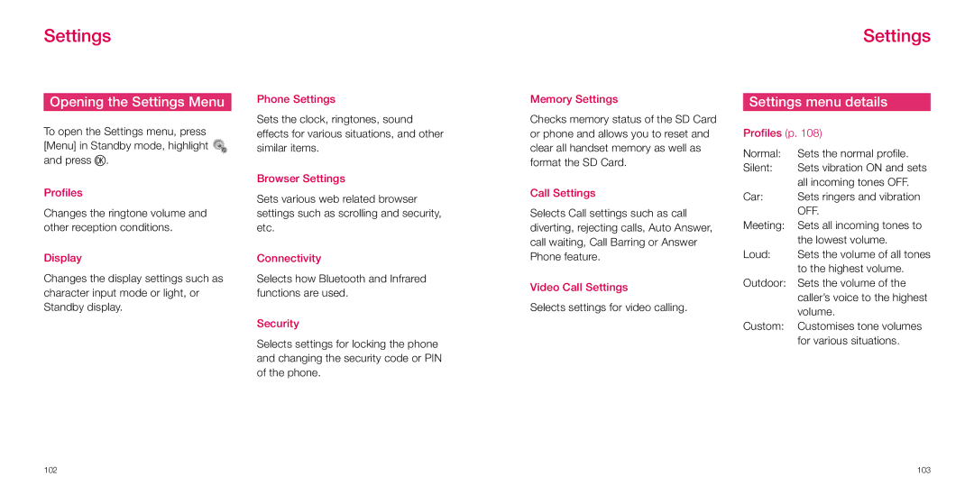 Sanyo S750i manual Opening the Settings Menu, Settings menu details 