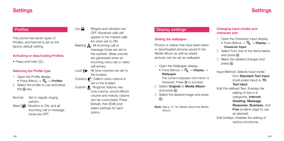 Sanyo S750i manual Display settings, Activating or deactivating Profiles, Selecting the Profile type, Setting the wallpaper 