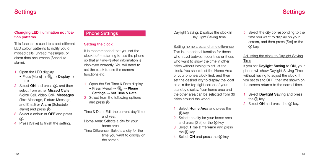 Sanyo S750i manual Phone Settings, Changing LED illumination notifica- tion patterns, Setting the clock 