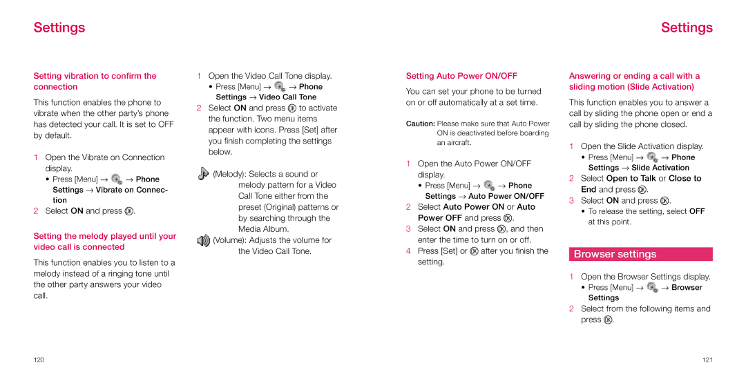 Sanyo S750i manual Browser settings, Setting vibration to confirm the connection, Setting Auto Power ON/OFF 