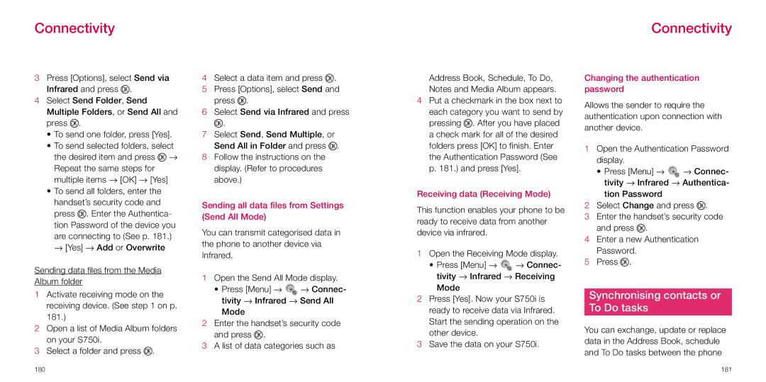 Sanyo S750i manual Synchronising contacts or To Do tasks, Sending all data files from Settings Send All Mode 