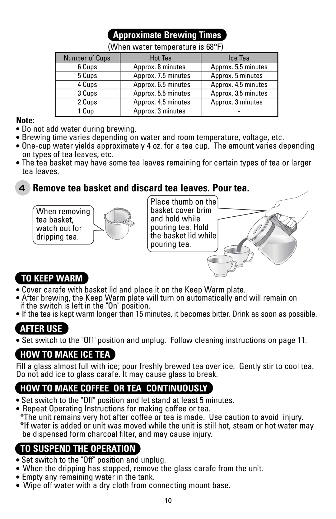 Sanyo SAC-MST6 instruction manual Remove tea basket and discard tea leaves. Pour tea, When water temperature is 68F 