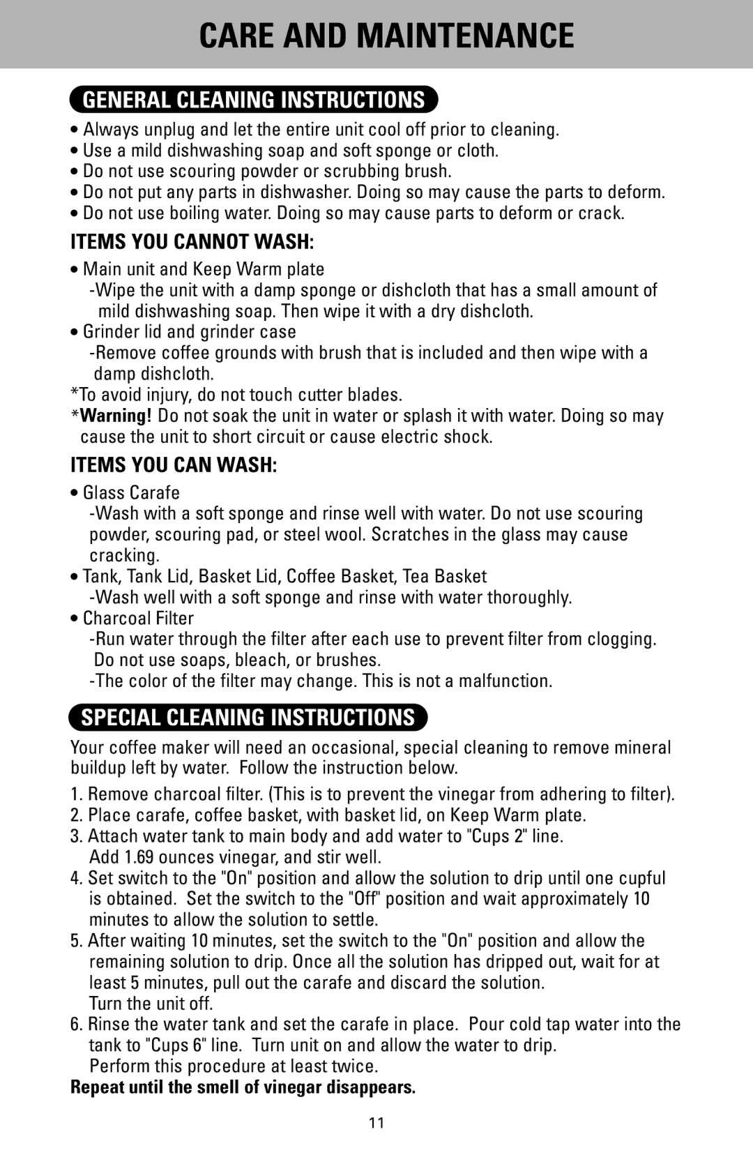 Sanyo SAC-MST6 instruction manual Care and Maintenance, General Cleaning Instructions, Special Cleaning Instructions 