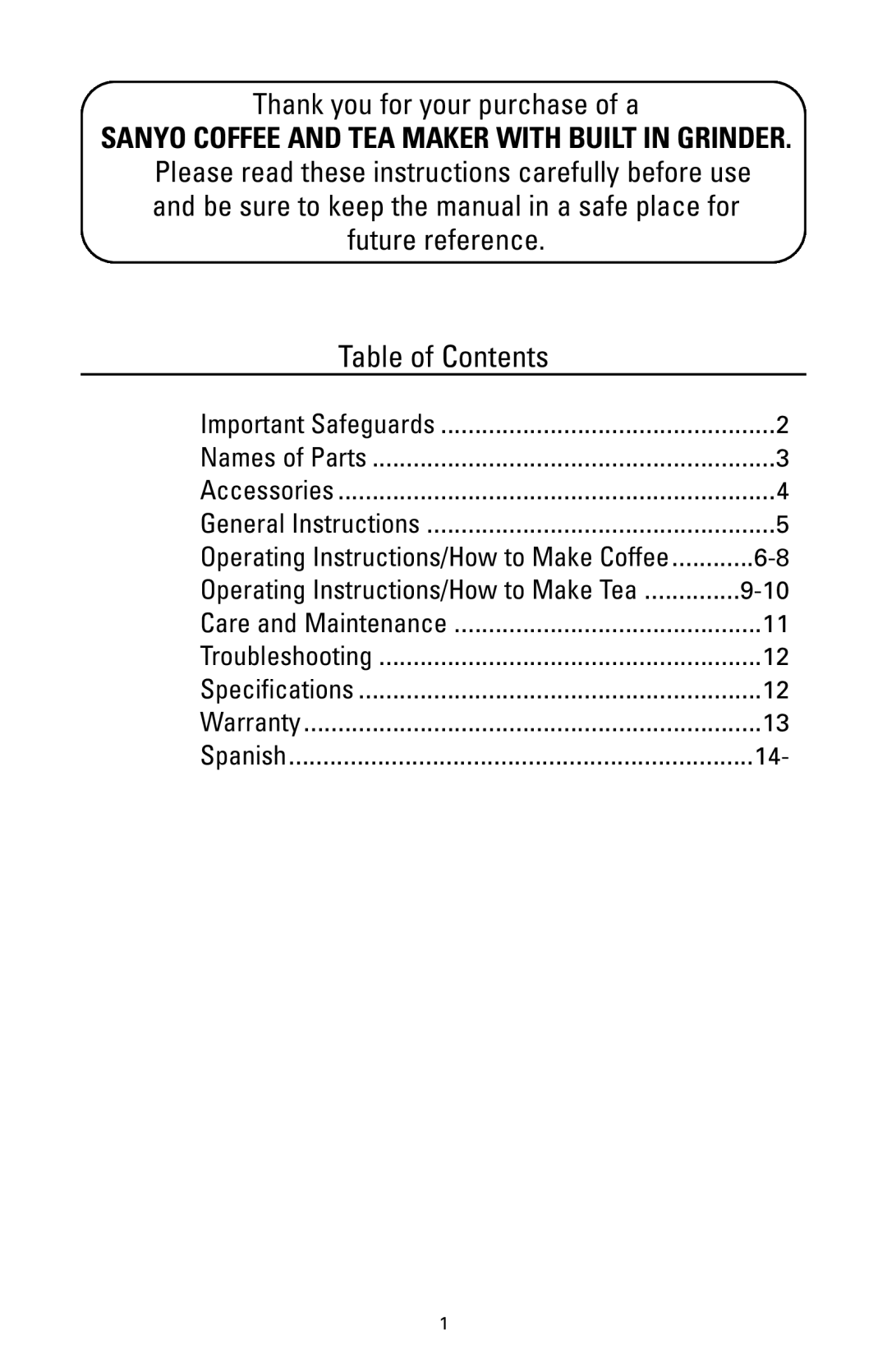 Sanyo SAC-MST6 instruction manual Table of Contents 